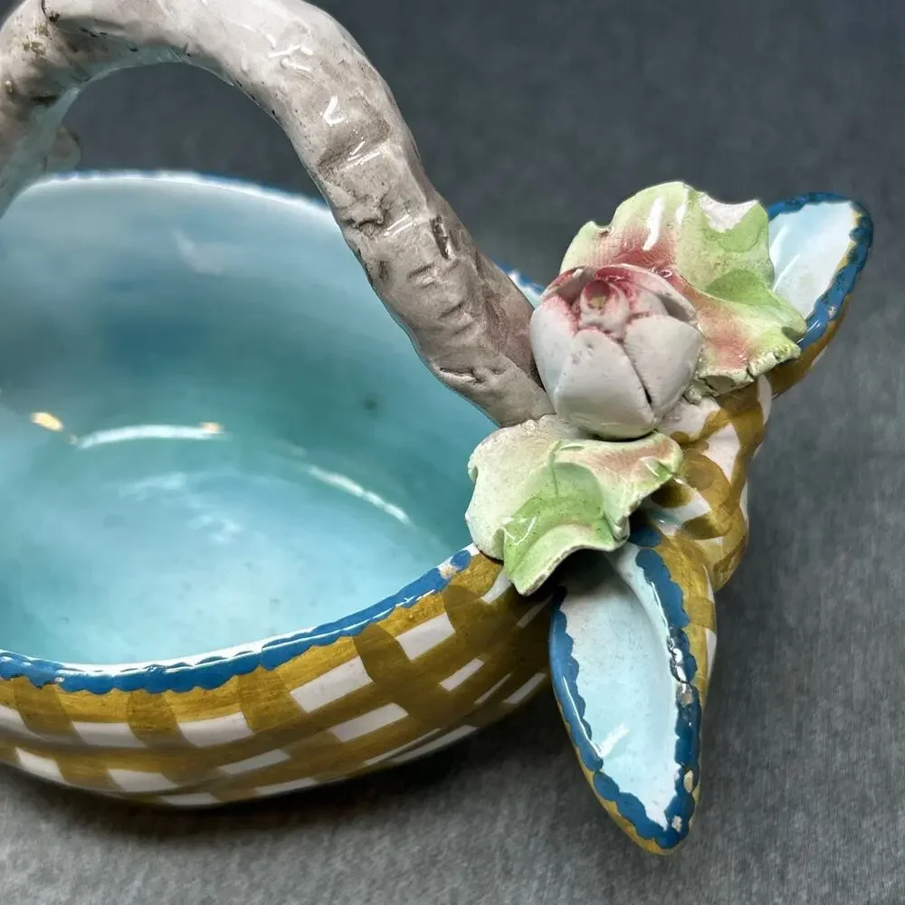 Vintage Italian Majolica Floral Bowl Hand Painted LE 472 Italy Twig Basket READ